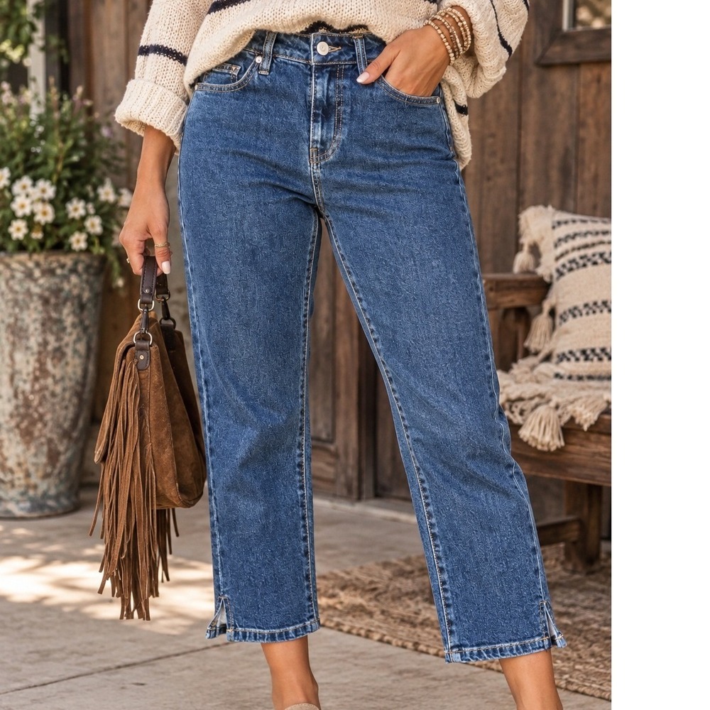 Fashion Nova Women Dark Wash High Rise Cropped Straight Capri Jeans Side Slit XS